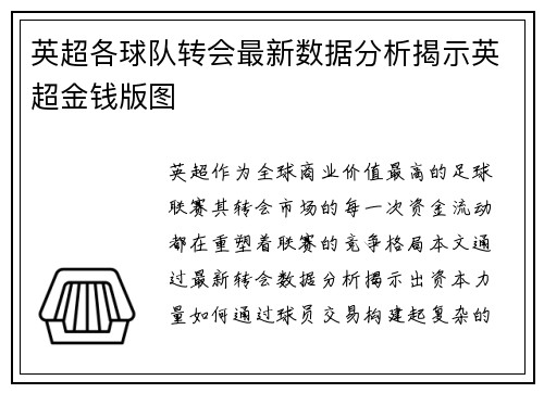 英超各球队转会最新数据分析揭示英超金钱版图